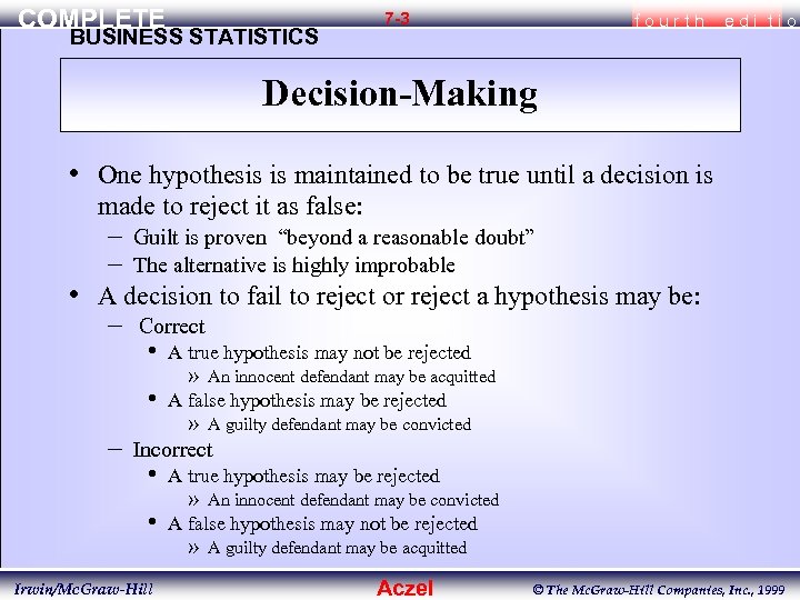 COMPLETE BUSINESS STATISTICS 7 -3 fourth edi tio Decision-Making • • One hypothesis is
