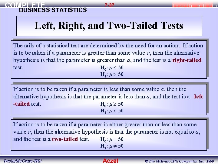COMPLETE BUSINESS STATISTICS 7 -37 fourth edi tio Left, Right, and Two-Tailed Tests The