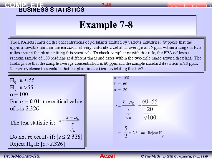 COMPLETE BUSINESS STATISTICS 7 -40 fourth edi tio Example 7 -8 The EPA sets