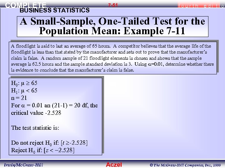 COMPLETE BUSINESS STATISTICS 7 -51 fourth edi tio A Small-Sample, One-Tailed Test for the