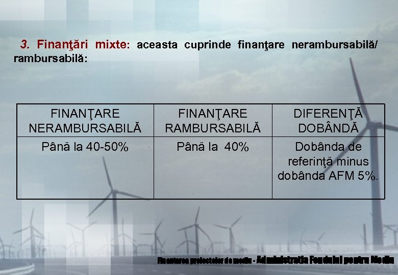 3. Finanţări mixte: aceasta cuprinde finanţare nerambursabilă/ rambursabilă: FINANŢARE NERAMBURSABILĂ FINANŢARE RAMBURSABILĂ DIFERENŢĂ DOB