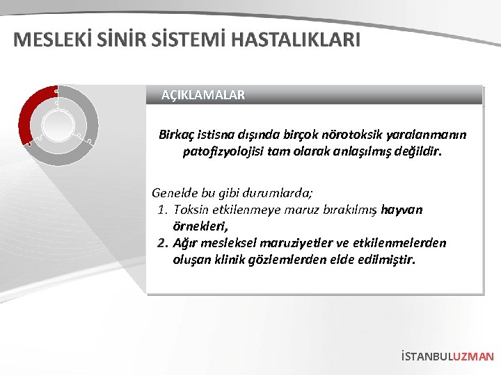 AÇIKLAMALAR Birkaç istisna dışında birçok nörotoksik yaralanmanın patofizyolojisi tam olarak anlaşılmış değildir. Genelde bu