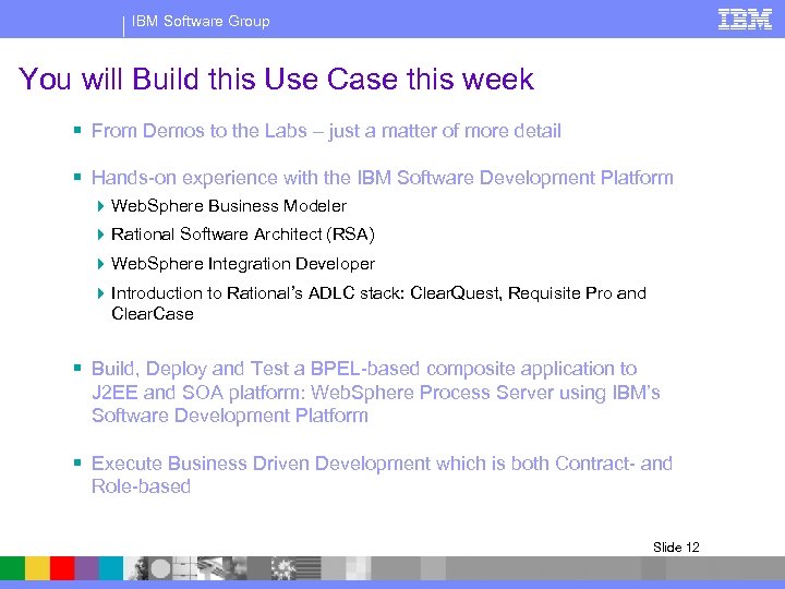 IBM Software Group You will Build this Use Case this week § From Demos