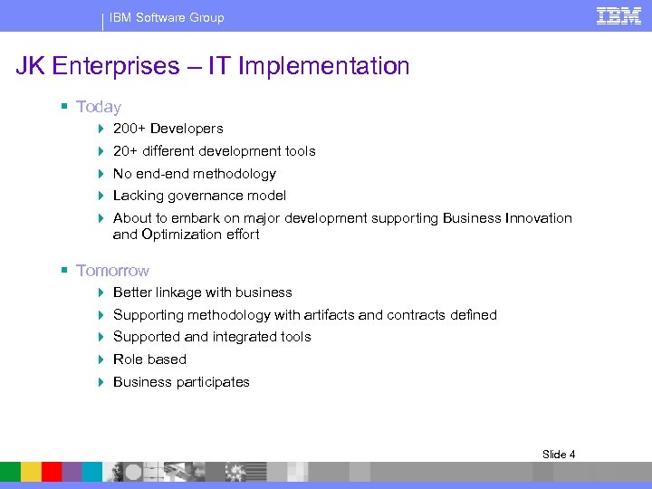 IBM Software Group JK Enterprises – IT Implementation § Today 4 200+ Developers 4