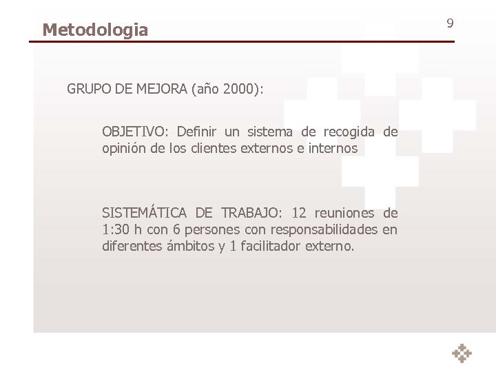 Metodologia GRUPO DE MEJORA (año 2000): OBJETIVO: Definir un sistema de recogida de opinión