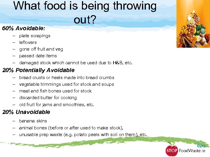 What food is being throwing out? 60% Avoidable: – – – plate scrapings leftovers