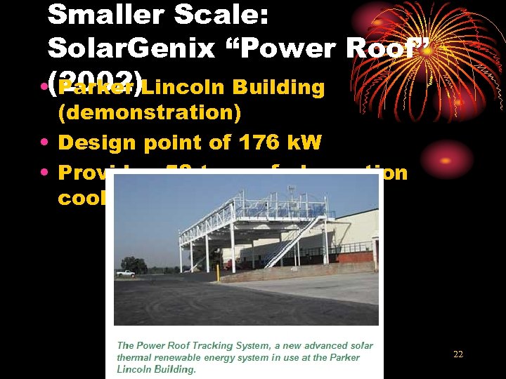 Smaller Scale: Solar. Genix “Power Roof” • (2002)Lincoln Building Parker (demonstration) • Design point