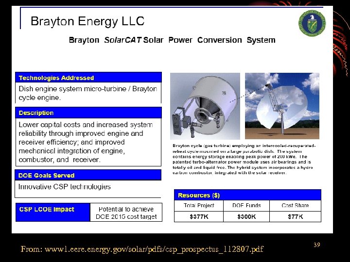 From: www 1. eere. energy. gov/solar/pdfs/csp_prospectus_112807. pdf 39 