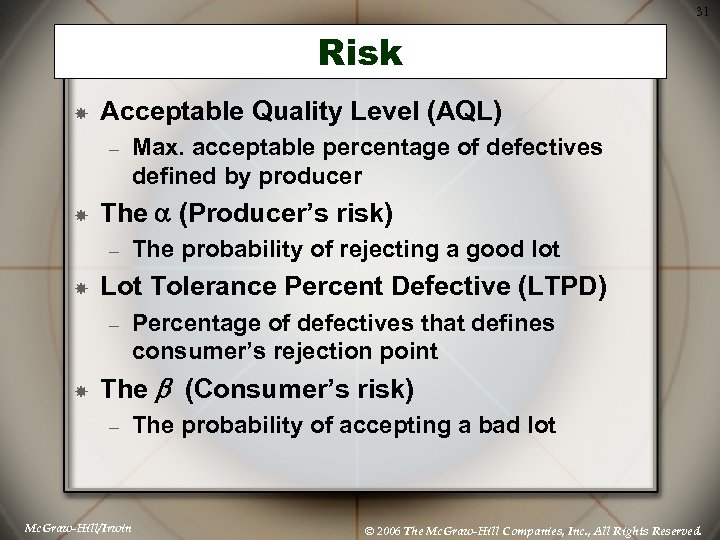 31 Risk Acceptable Quality Level (AQL) – The a (Producer’s risk) – The probability