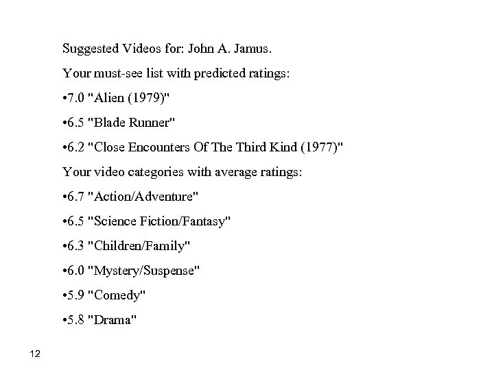Suggested Videos for: John A. Jamus. Your must-see list with predicted ratings: • 7.