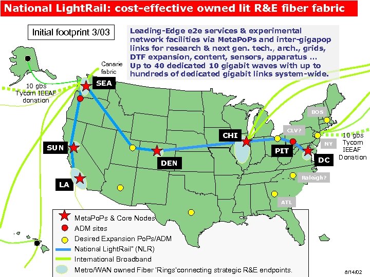 National Light. Rail: cost-effective owned lit R&E fiber fabric Initial footprint 3/03 Canarie fabric