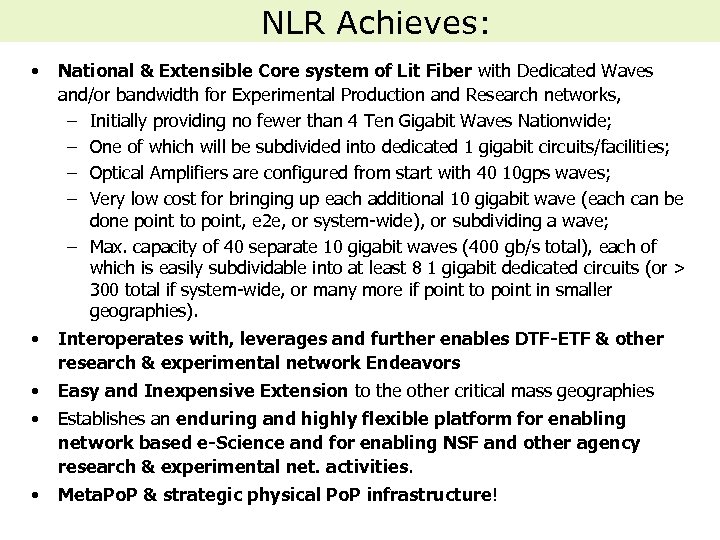 NLR Achieves: • National & Extensible Core system of Lit Fiber with Dedicated Waves