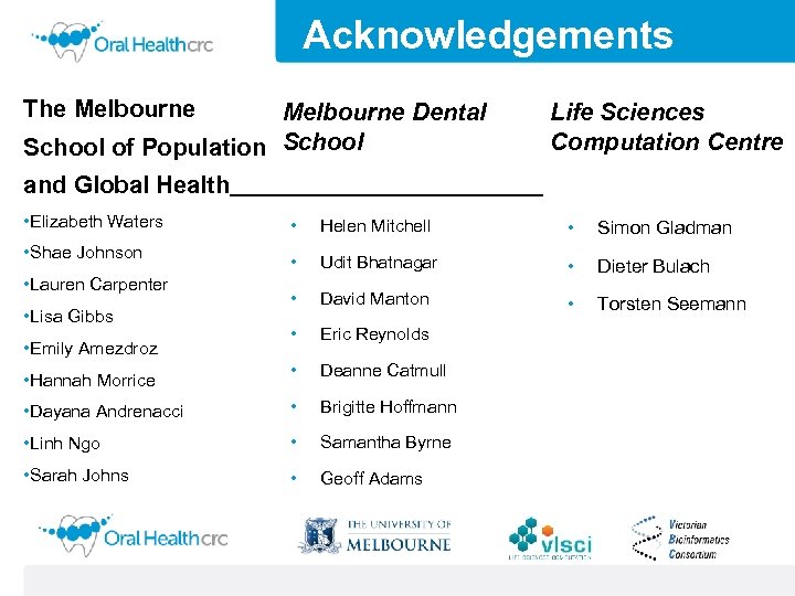 Acknowledgements The Melbourne Dental School of Population School Life Sciences Computation Centre and Global