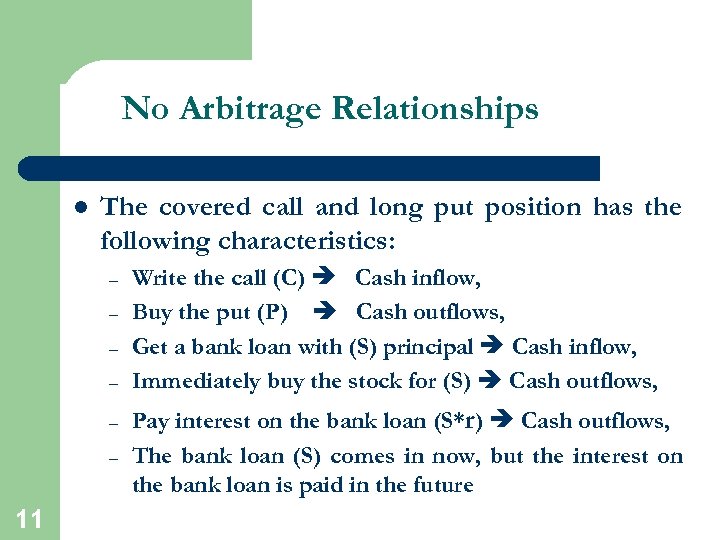 No Arbitrage Relationships l The covered call and long put position has the following