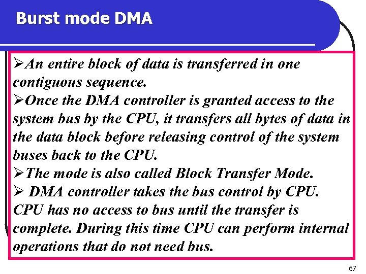 Burst mode DMA ØAn entire block of data is transferred in one contiguous sequence.