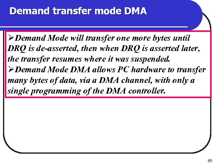 Demand transfer mode DMA ØDemand Mode will transfer one more bytes until DRQ is