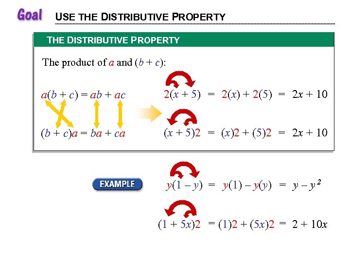 USE THE DISTRIBUTIVE PROPERTY The product of a and (b + c): a(b +