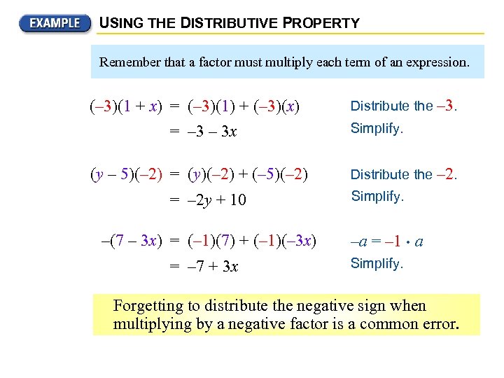 USING THE DISTRIBUTIVE PROPERTY Remember that a factor must multiply each term of an