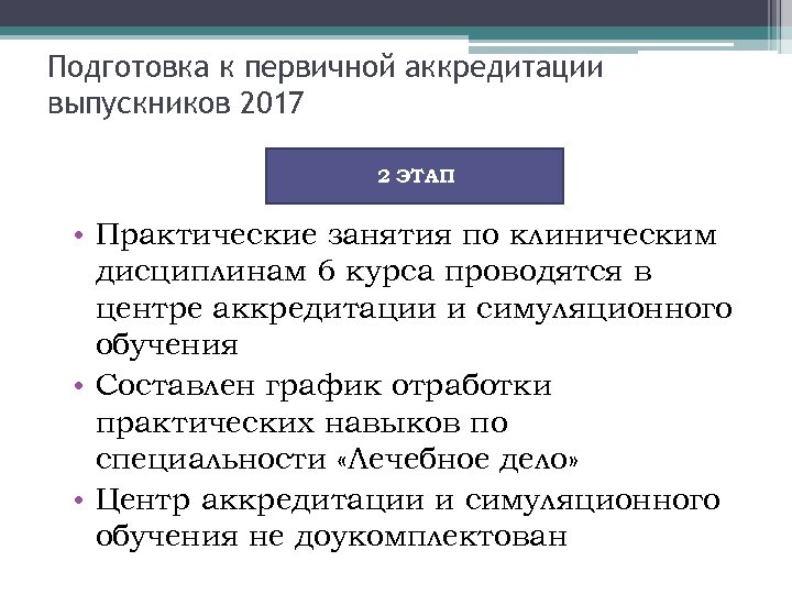 Подготовка к первичной аккредитации выпускников 2017 2 ЭТАП • Практические занятия по клиническим дисциплинам