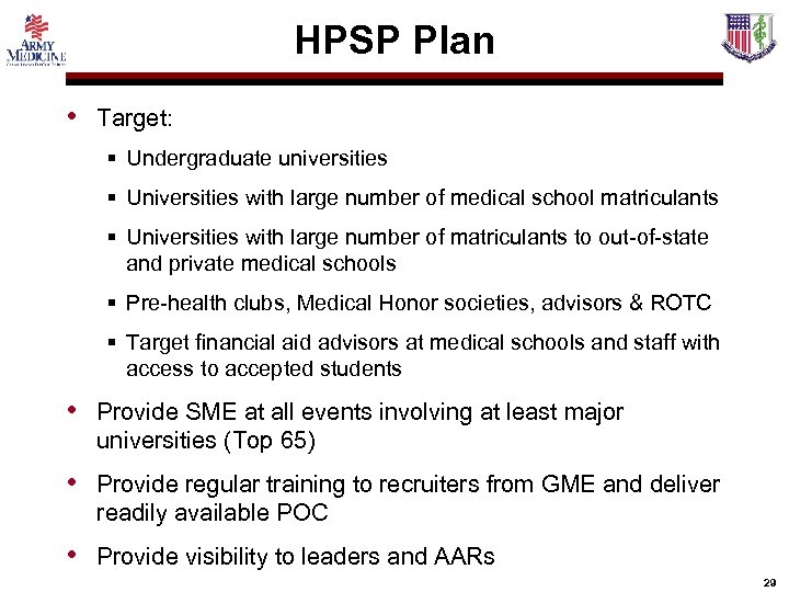 HPSP Plan • Target: § Undergraduate universities § Universities with large number of medical