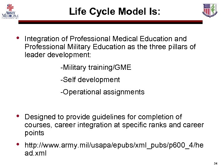 Life Cycle Model Is: • Integration of Professional Medical Education and Professional Military Education