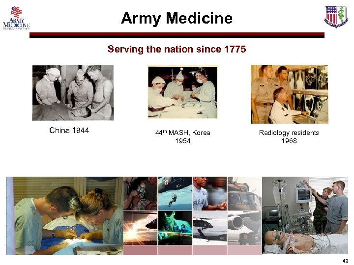 Army Medicine Serving the nation since 1775 China 1944 44 th MASH, Korea 1954