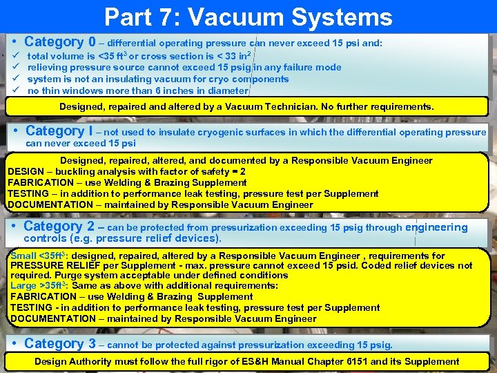 Part 7: Vacuum Systems • Category 0 – differential operating pressure can never exceed