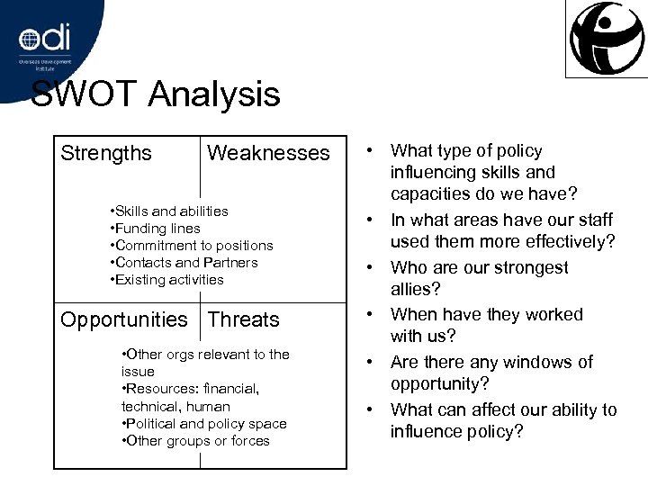 SWOT Analysis Strengths Weaknesses • Skills and abilities • Funding lines • Commitment to