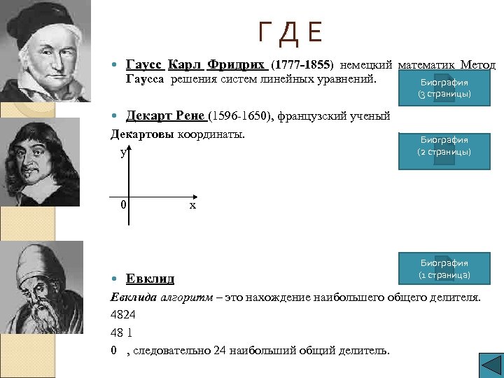 Г Д Е Гаусс Карл Фридрих (1777 -1855) немецкий математик Метод Гаусса решения систем