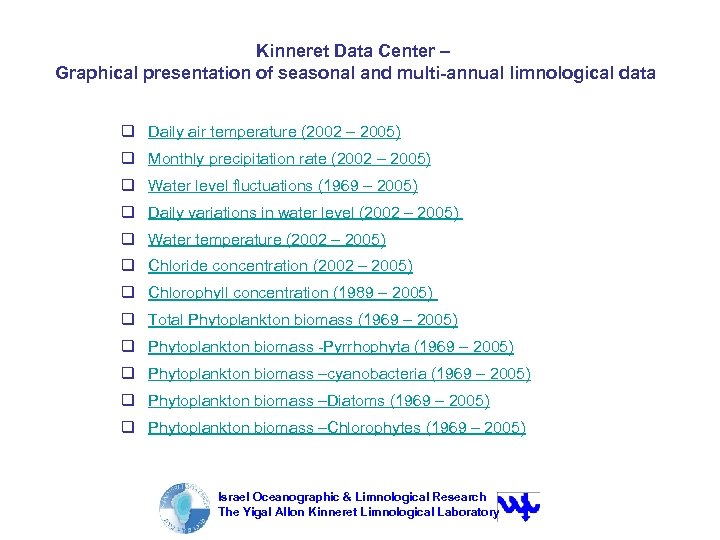 Kinneret Data Center – Graphical presentation of seasonal and multi-annual limnological data q Daily