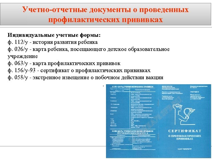 Учетно-отчетные документы о проведенных профилактических прививках Индивидуальные учетные формы: ф. 112/у - история развития