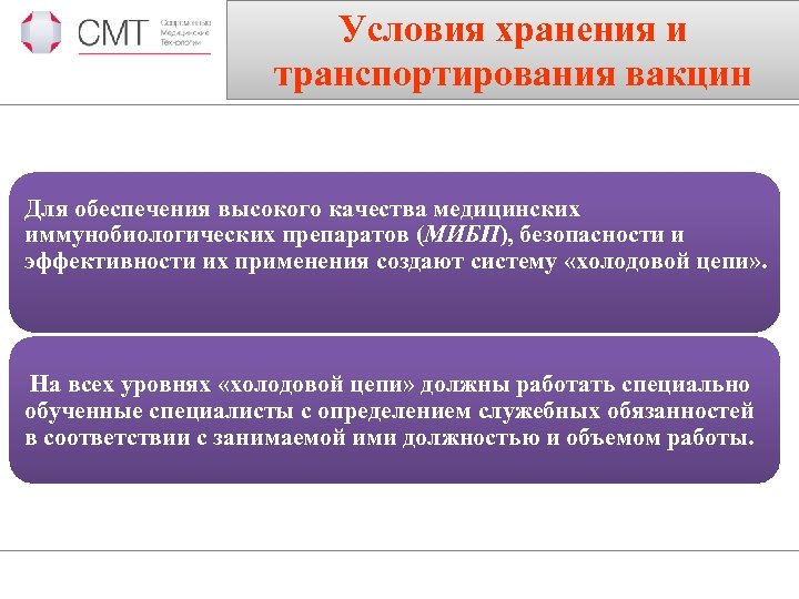 Условия хранения и транспортирования вакцин Для обеспечения высокого качества медицинских иммунобиологических препаратов (МИБП), безопасности
