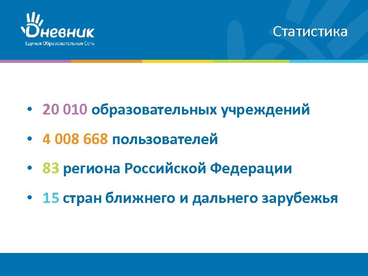 Статистика • 20 010 образовательных учреждений • 4 008 668 пользователей • 83 региона