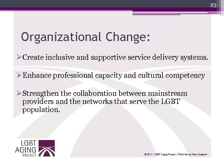 23 Organizational Change: ØCreate inclusive and supportive service delivery systems. ØEnhance professional capacity and