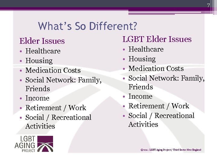 7 What’s So Different? Elder Issues • • Healthcare Housing Medication Costs Social Network: