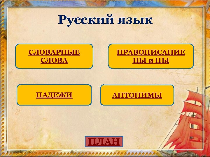 Русский язык СЛОВАРНЫЕ СЛОВА ПАДЕЖИ ПРАВОПИСАНИЕ ЦЫ и ЦЫ АНТОНИМЫ ПЛАН 