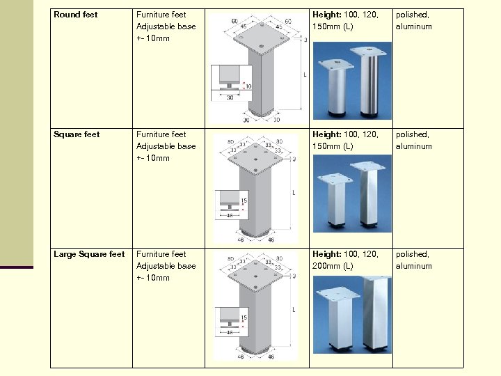 Round feet Furniture feet Adjustable base +- 10 mm Height: 100, 120, 150 mm