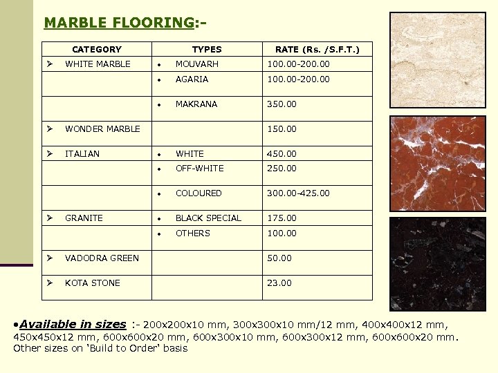 MARBLE FLOORING: CATEGORY TYPES RATE (Rs. /S. F. T. ) ITALIAN 100. 00 -200.