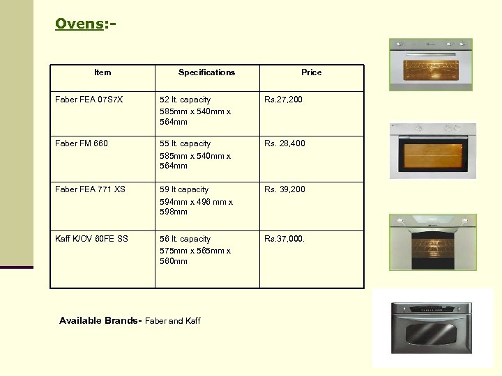 Ovens: - Item Specifications Price Faber FEA 07 S 7 X 52 lt. capacity