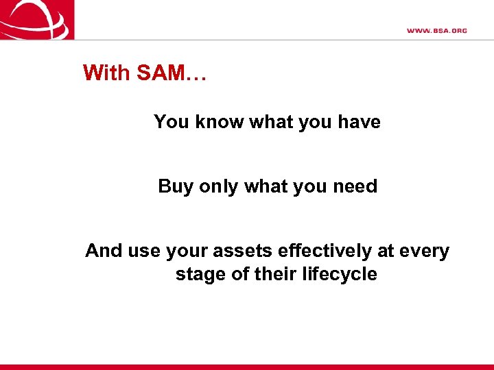 With SAM… You know what you have Buy only what you need And use