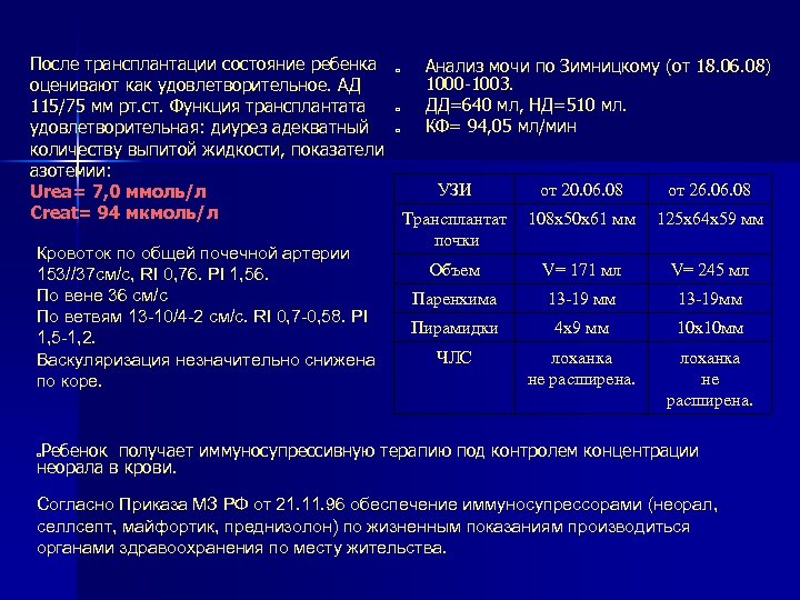 После трансплантации состояние ребенка оценивают как удовлетворительное. АД 115/75 мм рт. ст. Функция трансплантата