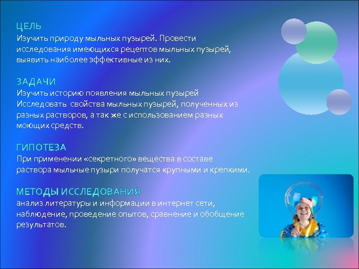 ЦЕЛЬ Изучить природу мыльных пузырей. Провести исследования имеющихся рецептов мыльных пузырей, выявить наиболее эффективные