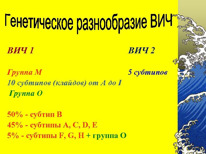 ВИЧ 1 ВИЧ 2 Группа М 5 субтипов 10 субтипов (клайдов) от A до