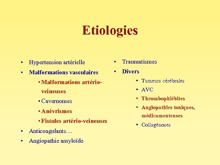 Etiologies • Hypertension artérielle • Traumatismes • Malformations vasculaires • Divers • Malformations artérioveineuses