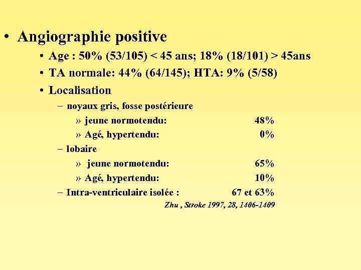  • Angiographie positive • Age : 50% (53/105) < 45 ans; 18% (18/101)