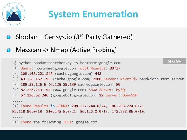 System Enumeration Shodan + Censys. io (3 rd Party Gathered) Masscan -> Nmap (Active
