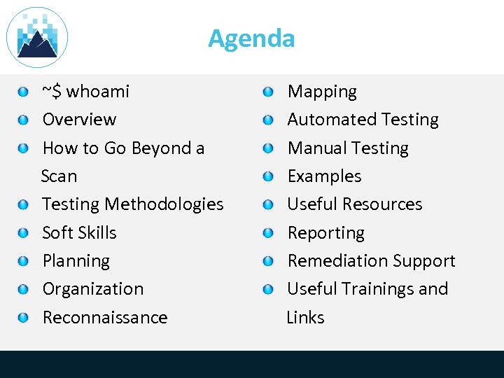 Agenda ~$ whoami Overview How to Go Beyond a Scan Testing Methodologies Soft Skills
