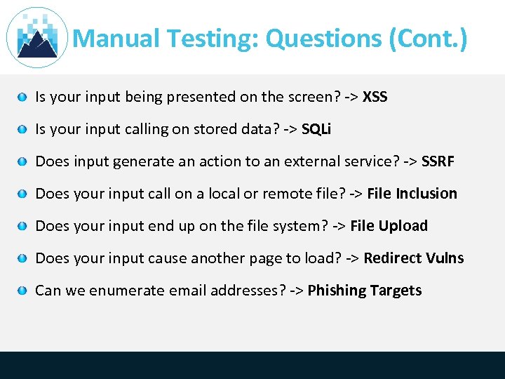 Manual Testing: Questions (Cont. ) Is your input being presented on the screen? ->