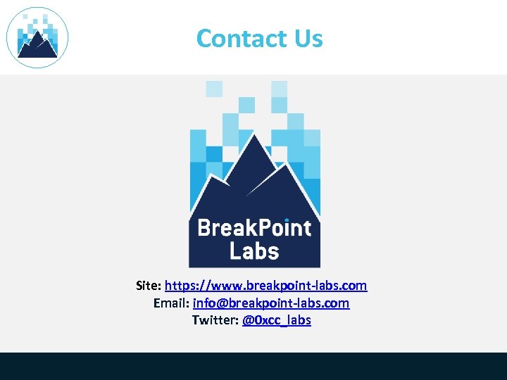 Contact Us Site: https: //www. breakpoint-labs. com Email: info@breakpoint-labs. com Twitter: @0 xcc_labs 