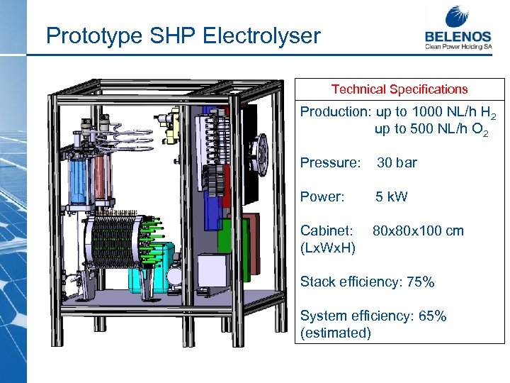 Prototype SHP Electrolyser Technical Specifications Production: up to 1000 NL/h H 2 up to